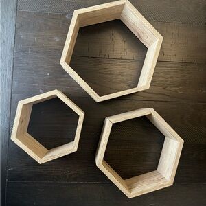 Set of 3 Hexagon Shelves wall decor honeycomb design anthro inspired light wood